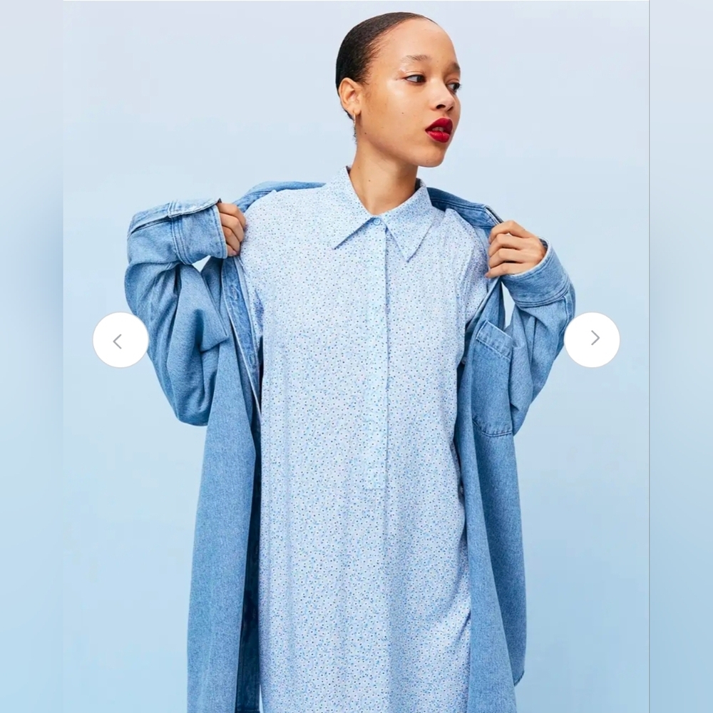 H&M Blue Floral Midi Dress Viscose Collared Long Sleeve Shirt Dress M - Picture 4 of 17